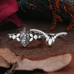 Halloween Limited-Luxury Classic 6 Prong Marquise Cut Black Rutilated Quartz Ring Set