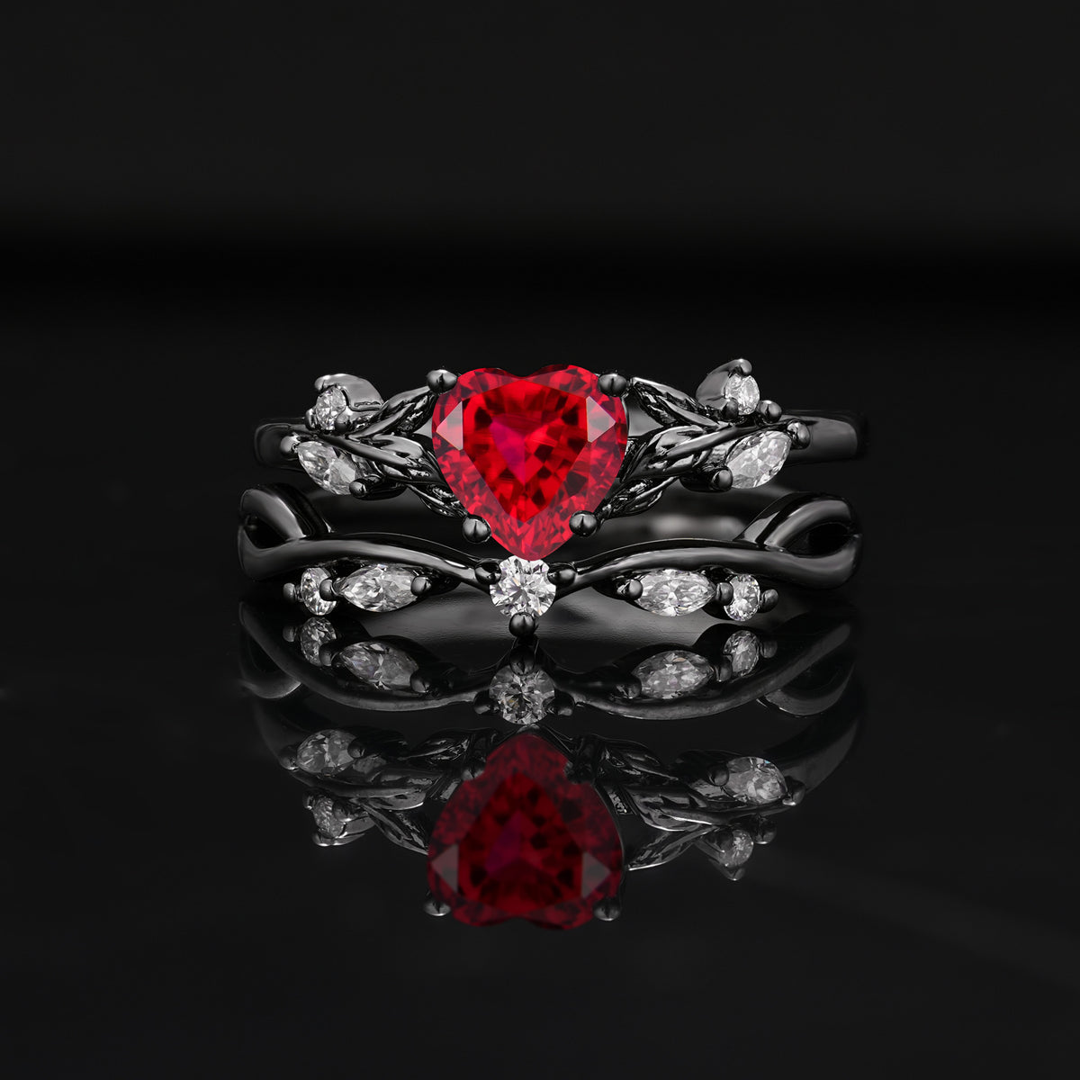 Dark Romantic Heart-Shaped Infinity Vine Bridal Ring Set