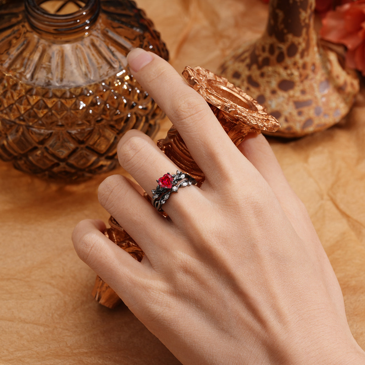 Dark Romantic Heart-Shaped Infinity Vine Bridal Ring Set