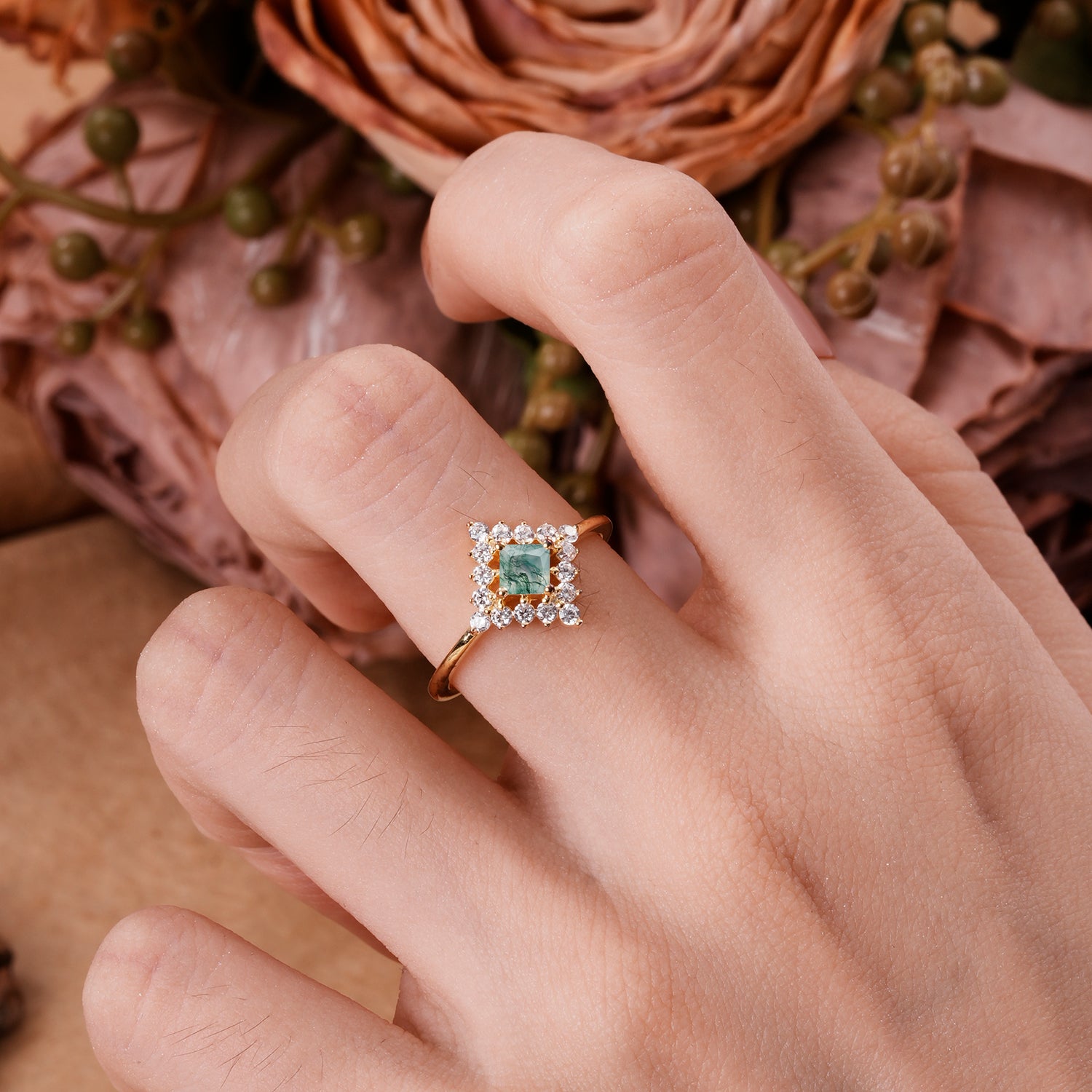 Vintage Princess Cut Cluster Moss Agate Engagement Ring Halo Bridal Ring