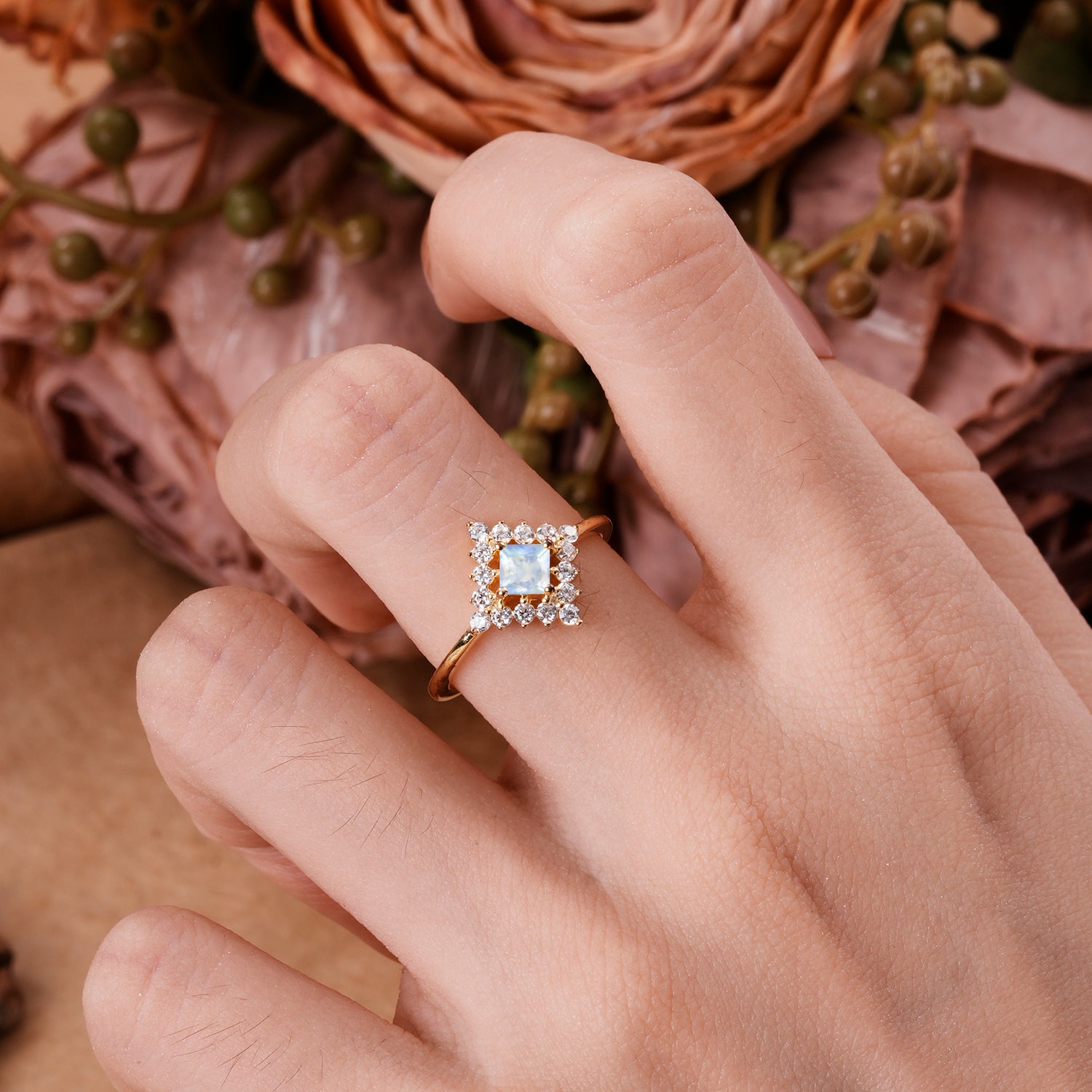 Vintage Princess Cut Cluster Natural Moonstone Promise Ring Halo Engagement Ring