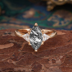 6 Prong Marquise Cut Three Stone Black Rutilated Quartz  Engagement Ring Anniversary Gift for Women