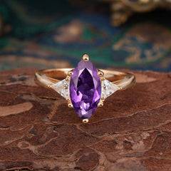 6 Prong Marquise Cut Three Stone Amethyst Engagement Ring Anniversary Gift for Women