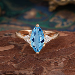 6 Prong Marquise Cut Three Stone Aquamarine Engagement Ring Anniversary Gift for Women