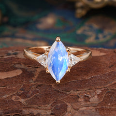 6 Prong Marquise Cut Three Stone Moonstone Engagement Ring Anniversary Gift for Women