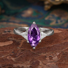 6 Prong Marquise Cut Three Stone Amethyst Engagement Ring Anniversary Gift for Women