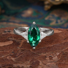 6 Prong Marquise Cut Three Stone Emerald Engagement Ring Anniversary Gift for Women