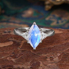 6 Prong Marquise Cut Three Stone Moonstone Engagement Ring Anniversary Gift for Women