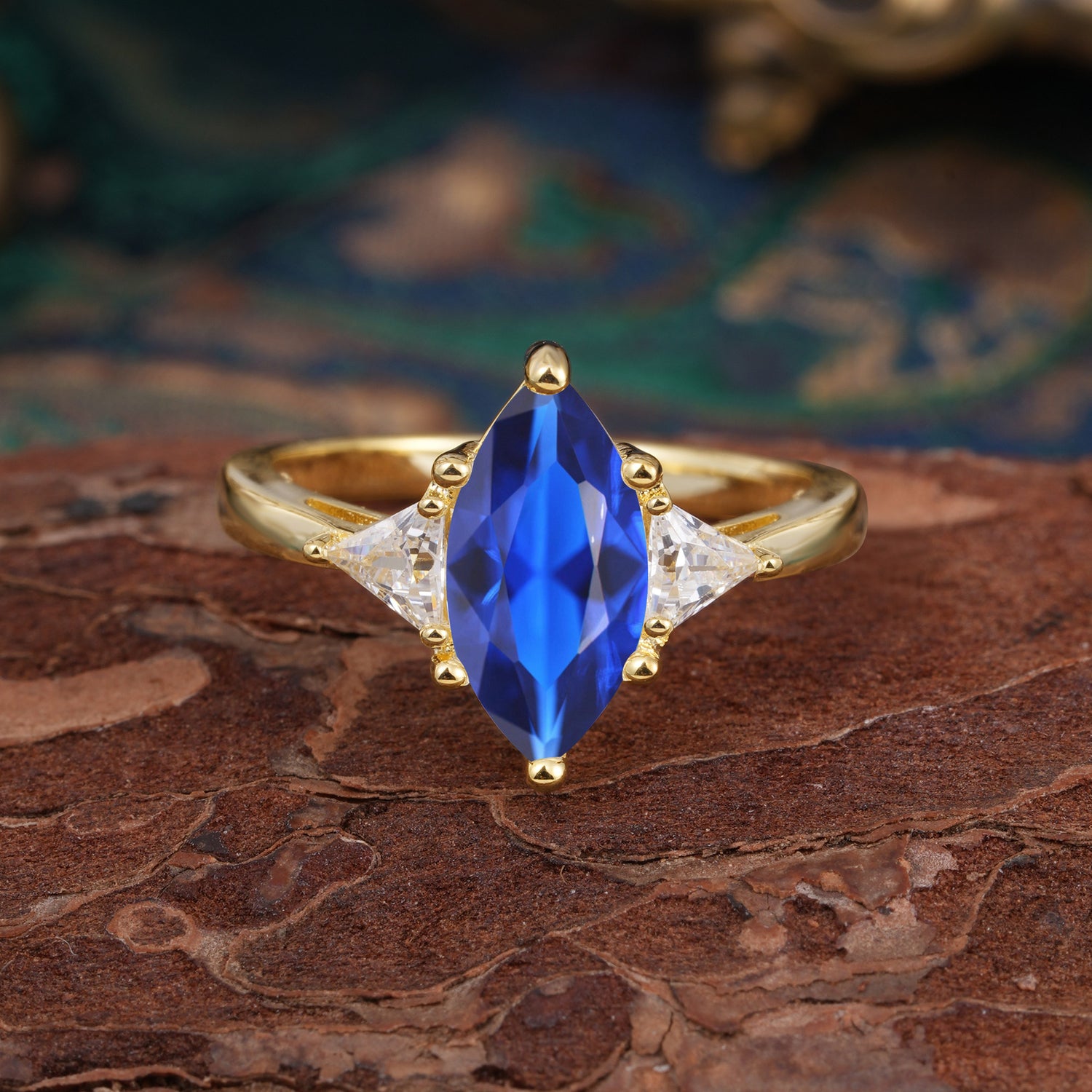 Marquise Cut Three Stone Sapphire Engagement Ring Anniversary Gift for Women - Romalar Jewelry