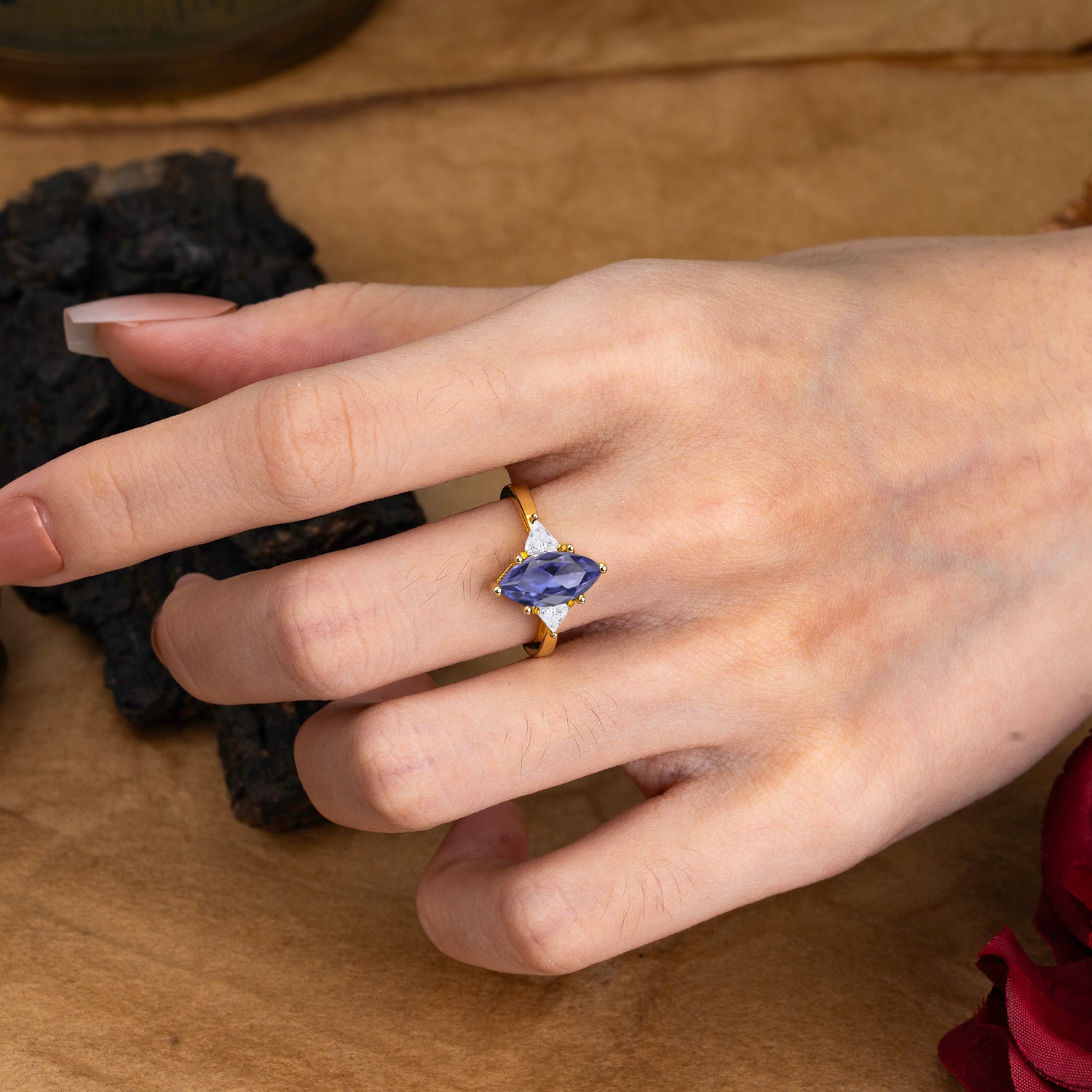 6 Prong Marquise Cut Three Stone Tanzanite Engagement Ring Anniversary Gift for Women - Romalar Jewelry
