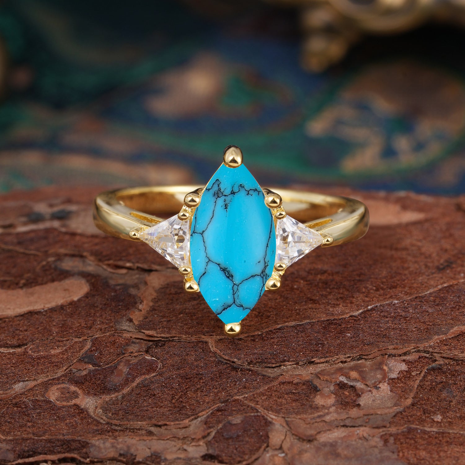 Marquise Cut Three Stone Turquoise Engagement Ring Anniversary Gift for Women
