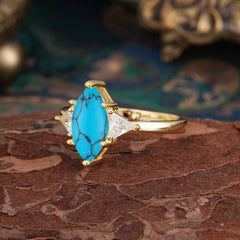 Marquise Cut Three Stone Turquoise Engagement Ring Anniversary Gift for Women
