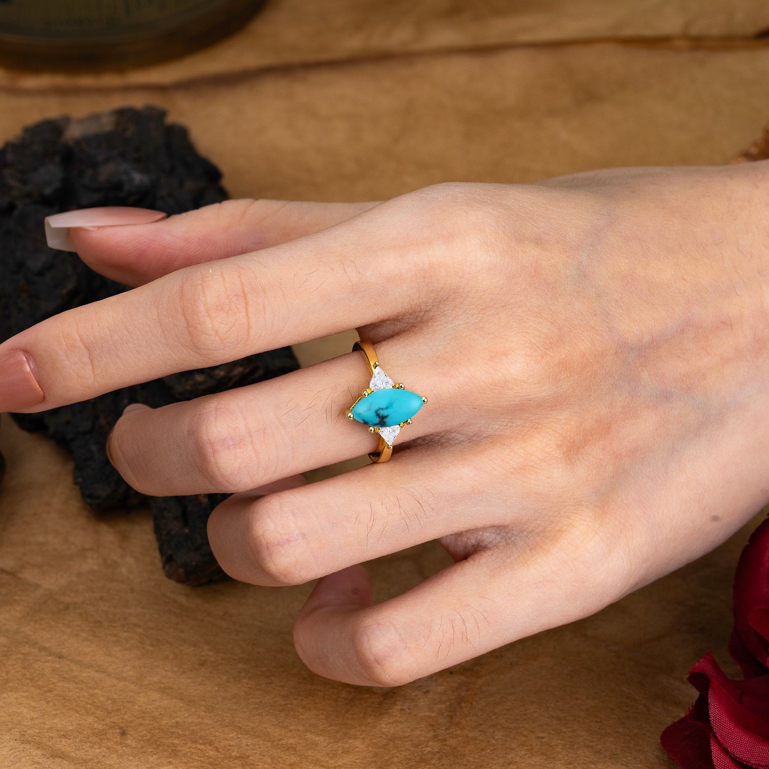 Marquise Cut Three Stone Turquoise Engagement Ring Anniversary Gift for Women