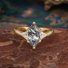 6 Prong Marquise Cut Three Stone Black Rutilated Quartz  Engagement Ring Anniversary Gift for Women