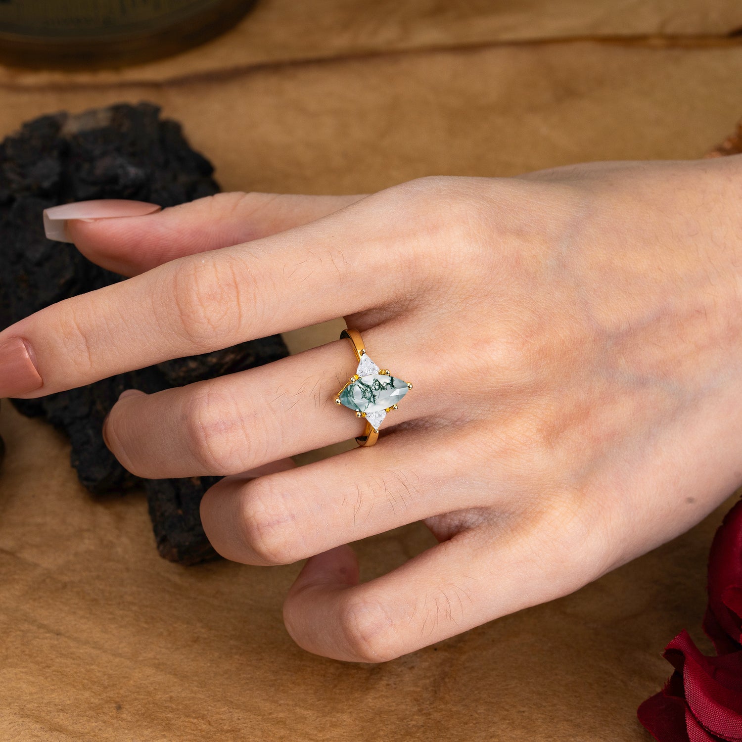 Marquise Cut Three Stone Moss Agate Engagement Ring Anniversary Gift for Women