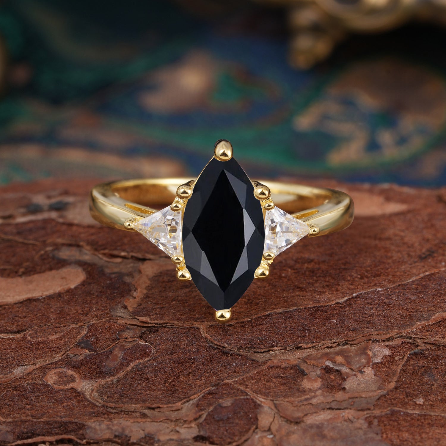 6 Prong Marquise Cut Three Stone Black Onyx Engagement Ring Anniversary Gift for Women - Romalar Jewelry