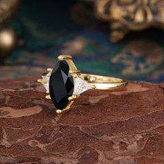 6 Prong Marquise Cut Three Stone Black Onyx Engagement Ring Anniversary Gift for Women