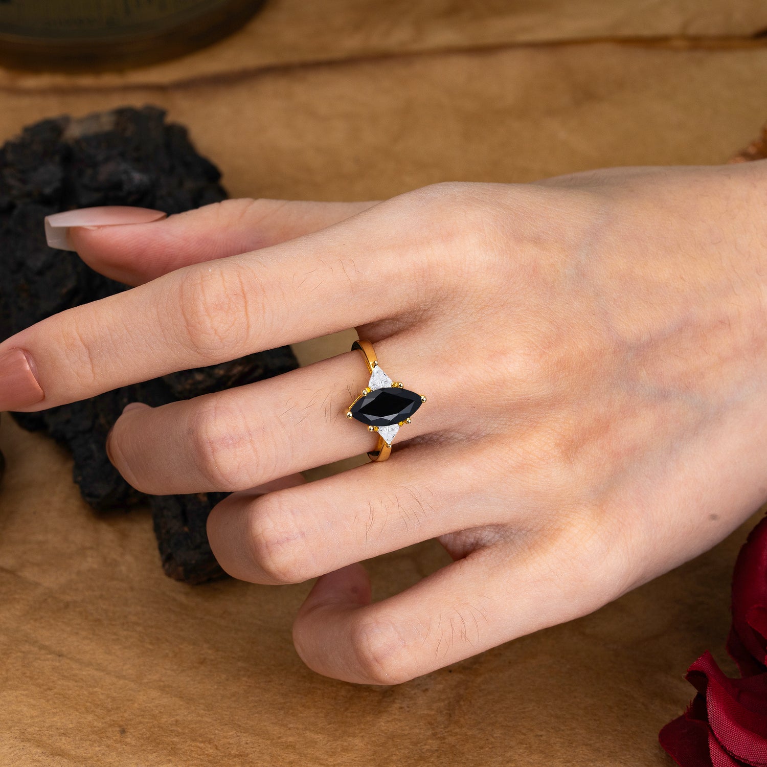 6 Prong Marquise Cut Three Stone Black Onyx Engagement Ring Anniversary Gift for Women - Romalar Jewelry