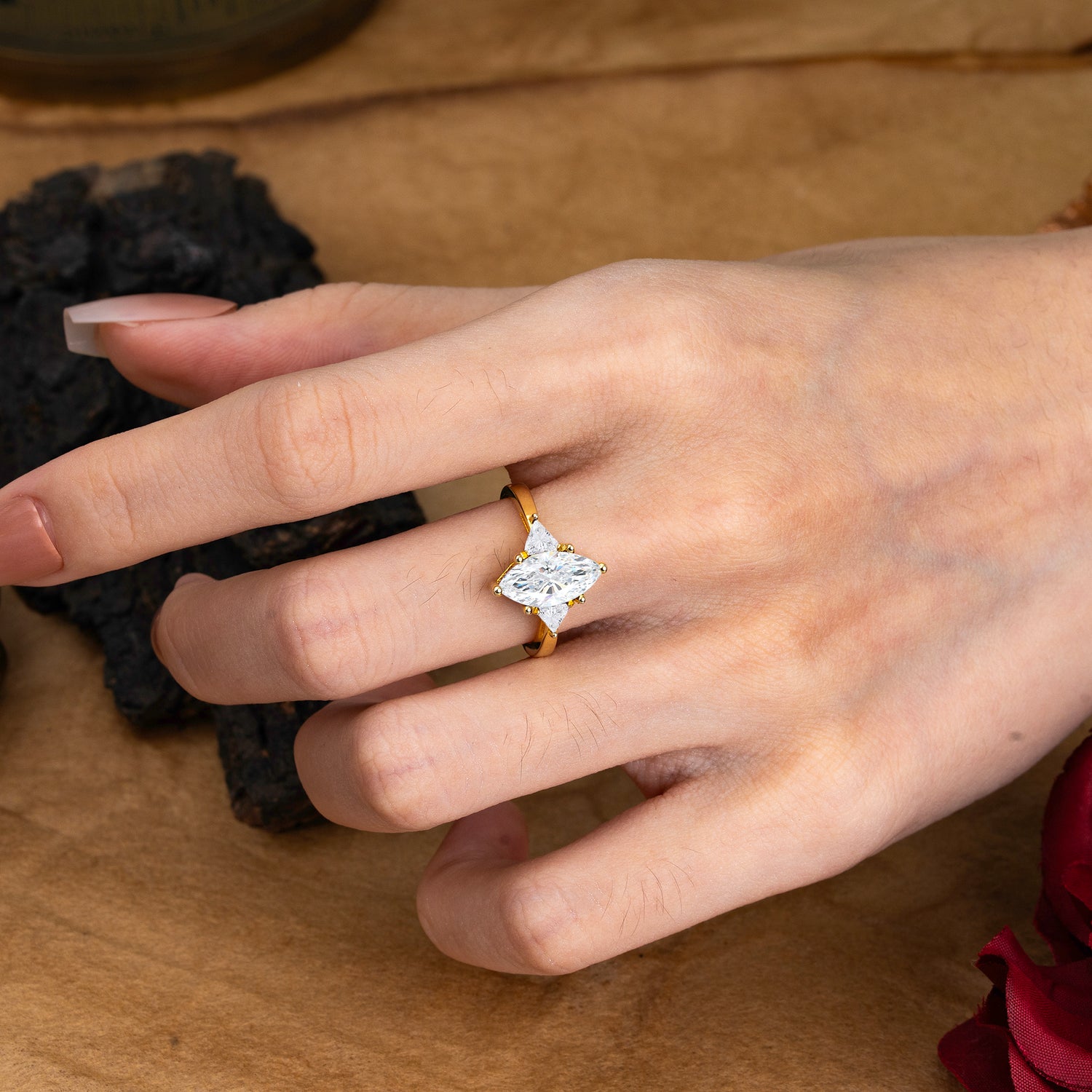 6 Prong Marquise Cut Three Stone Lab Diamond Engagement Ring Anniversary Gift for Women
