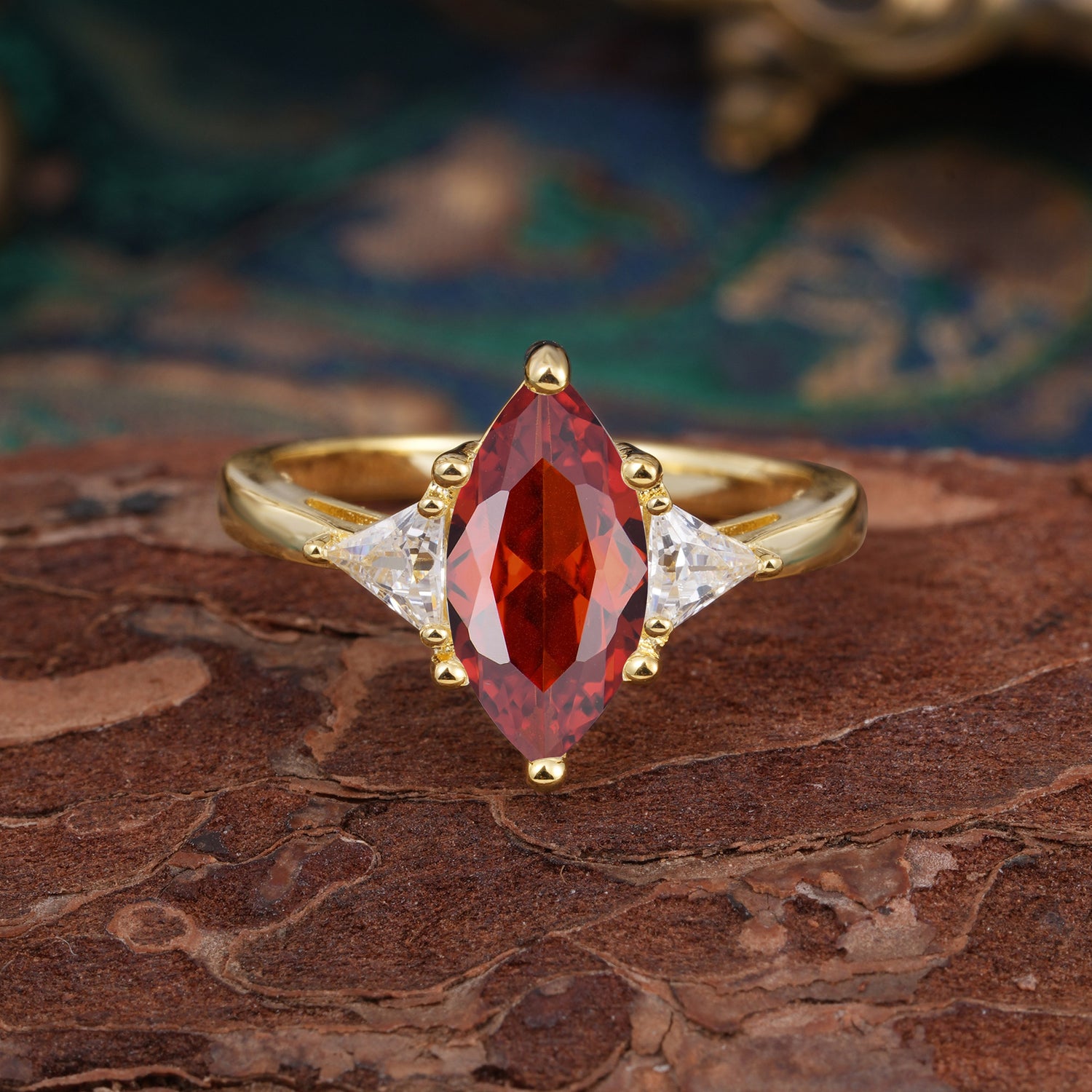 6 Prong Marquise Cut Three Stone Garnet Engagement Ring Anniversary Gift for Women - Romalar Jewelry