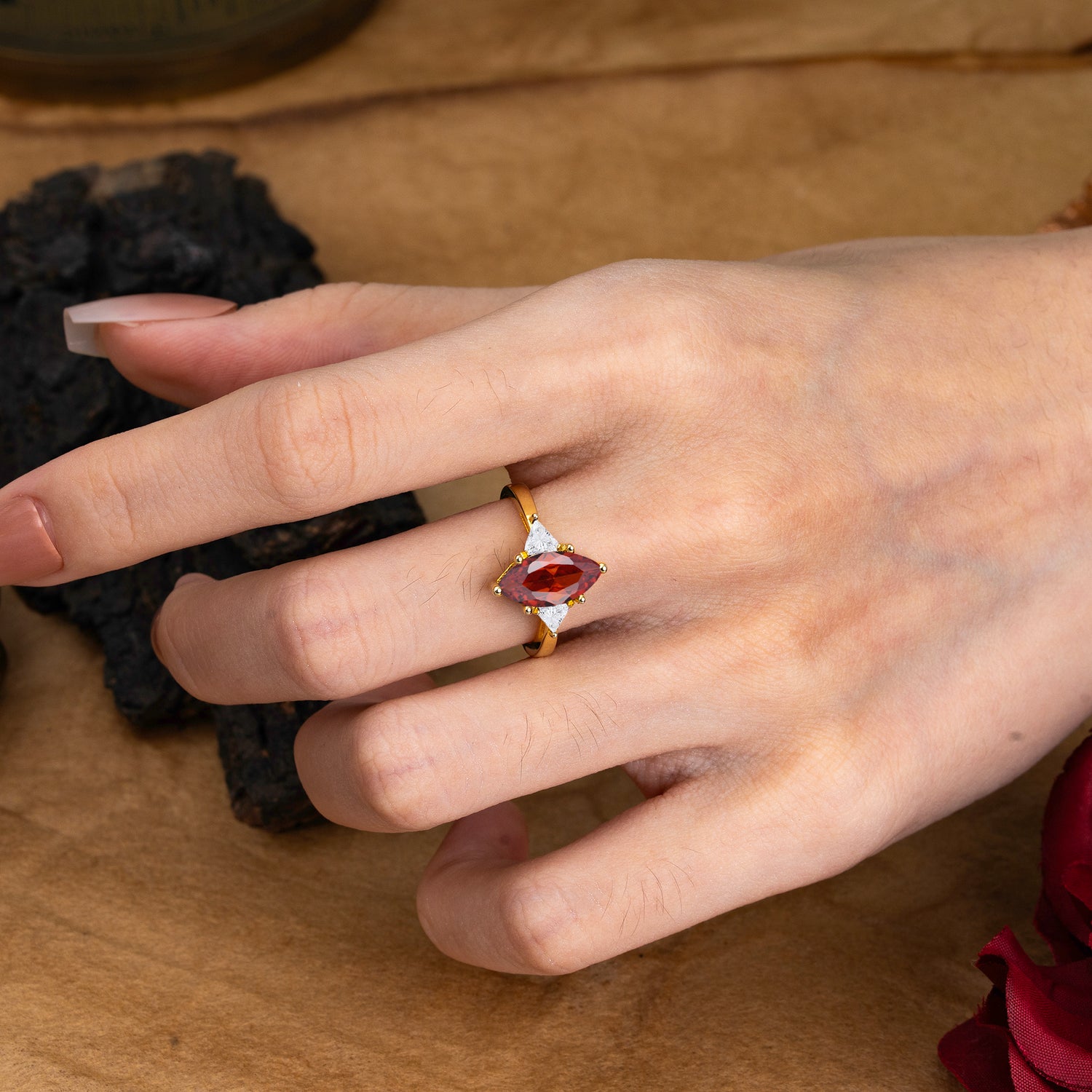 6 Prong Marquise Cut Three Stone Garnet Engagement Ring Anniversary Gift for Women - Romalar Jewelry