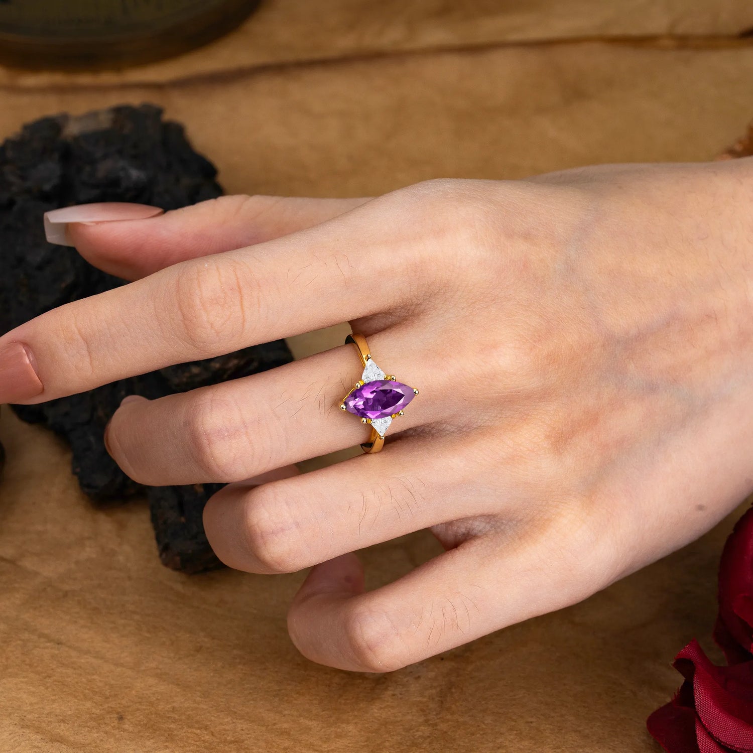 6 Prong Marquise Cut Three Stone Amethyst Engagement Ring Anniversary Gift for Women