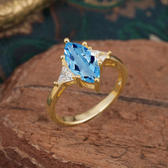 6 Prong Marquise Cut Three Stone Aquamarine Engagement Ring Anniversary Gift for Women