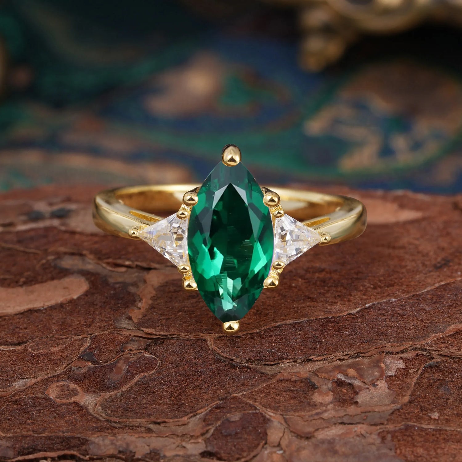 6 Prong Marquise Cut Three Stone Emerald Engagement Ring Anniversary Gift for Women - Romalar Jewelry