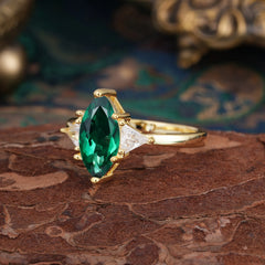 6 Prong Marquise Cut Three Stone Emerald Engagement Ring Anniversary Gift for Women