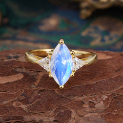 6 Prong Marquise Cut Three Stone Moonstone Engagement Ring Anniversary Gift for Women