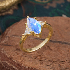 6 Prong Marquise Cut Three Stone Moonstone Engagement Ring Anniversary Gift for Women