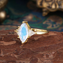 6 Prong Marquise Cut Three Stone Moonstone Engagement Ring Anniversary Gift for Women