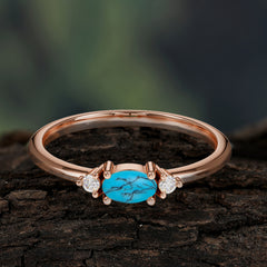 Round & Oval Cut Turquoise Ring Timeless Three Stones Wedding Band