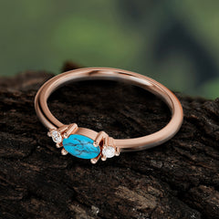 Round & Oval Cut Turquoise Ring Timeless Three Stones Wedding Band