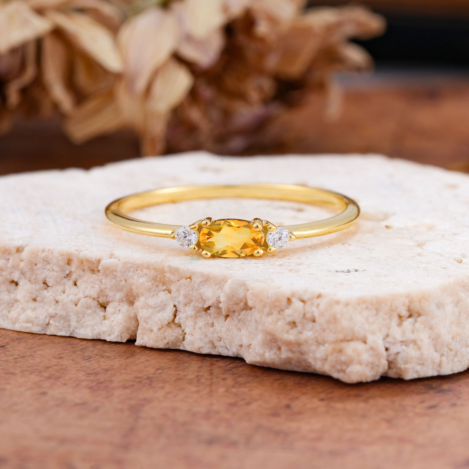Round & Oval Cut Citrine Ring Timeless Three Stones Engagement Ring