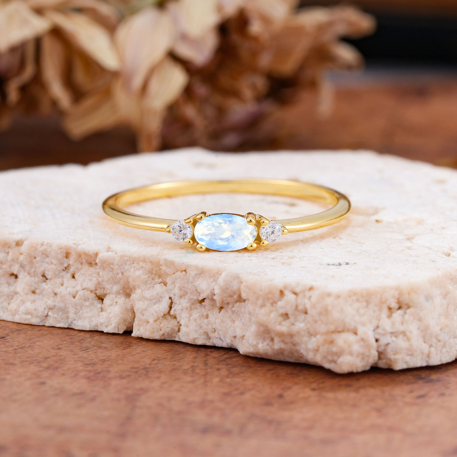 Round & Oval Cut Moonstone Ring Timeless Three Stones Engagement Ring