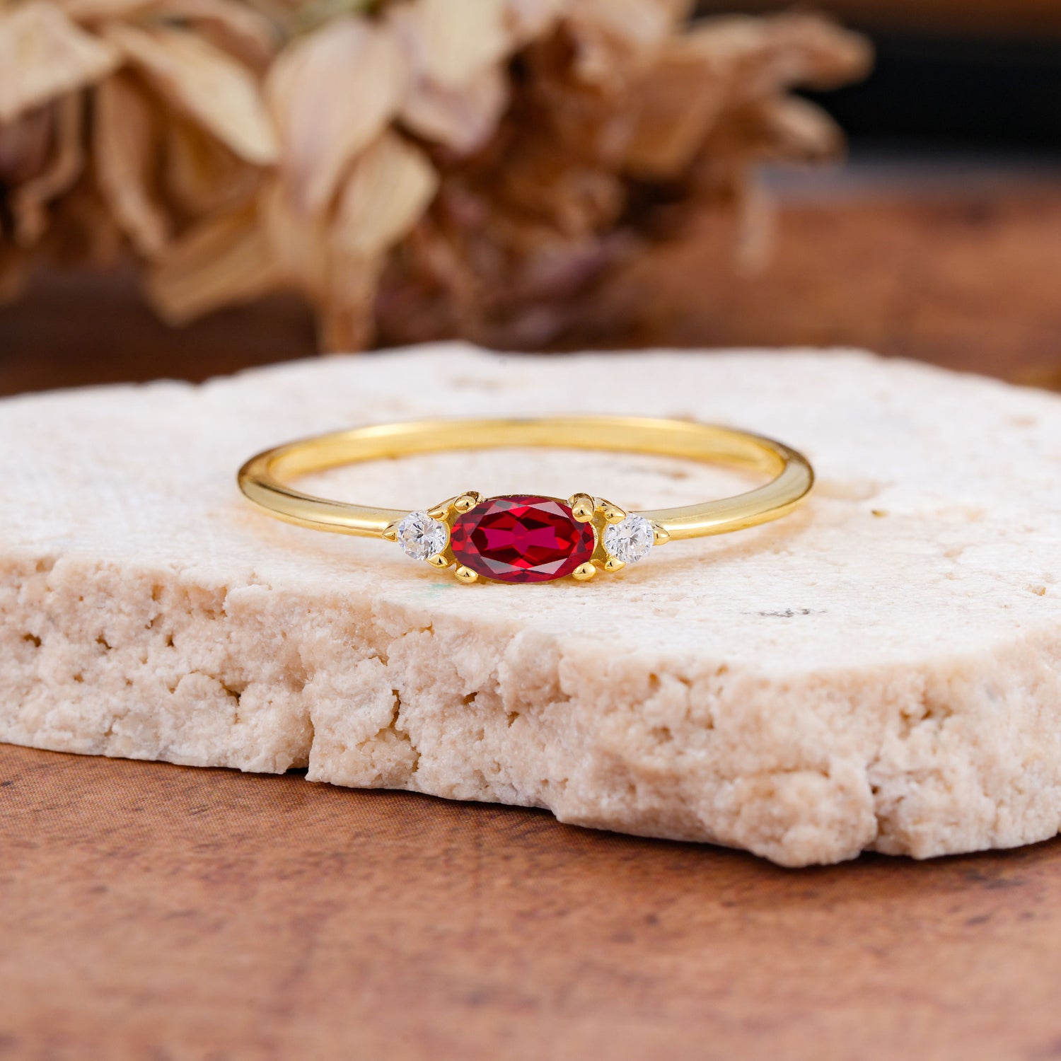 Round & Oval Cut Ruby Ring Timeless Three Stones Engagement Ring