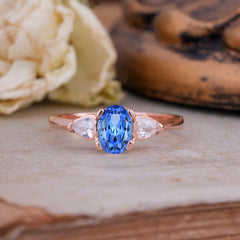 1 Carat Oval Lab Grown Sapphire Engagement Ring Three Stone Wedding Ring
