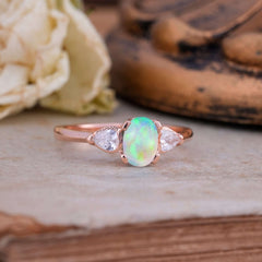 1 Carat Oval Opal Engagement Ring Three Stone Wedding Ring