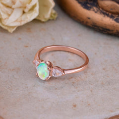 1 Carat Oval Opal Engagement Ring Three Stone Wedding Ring