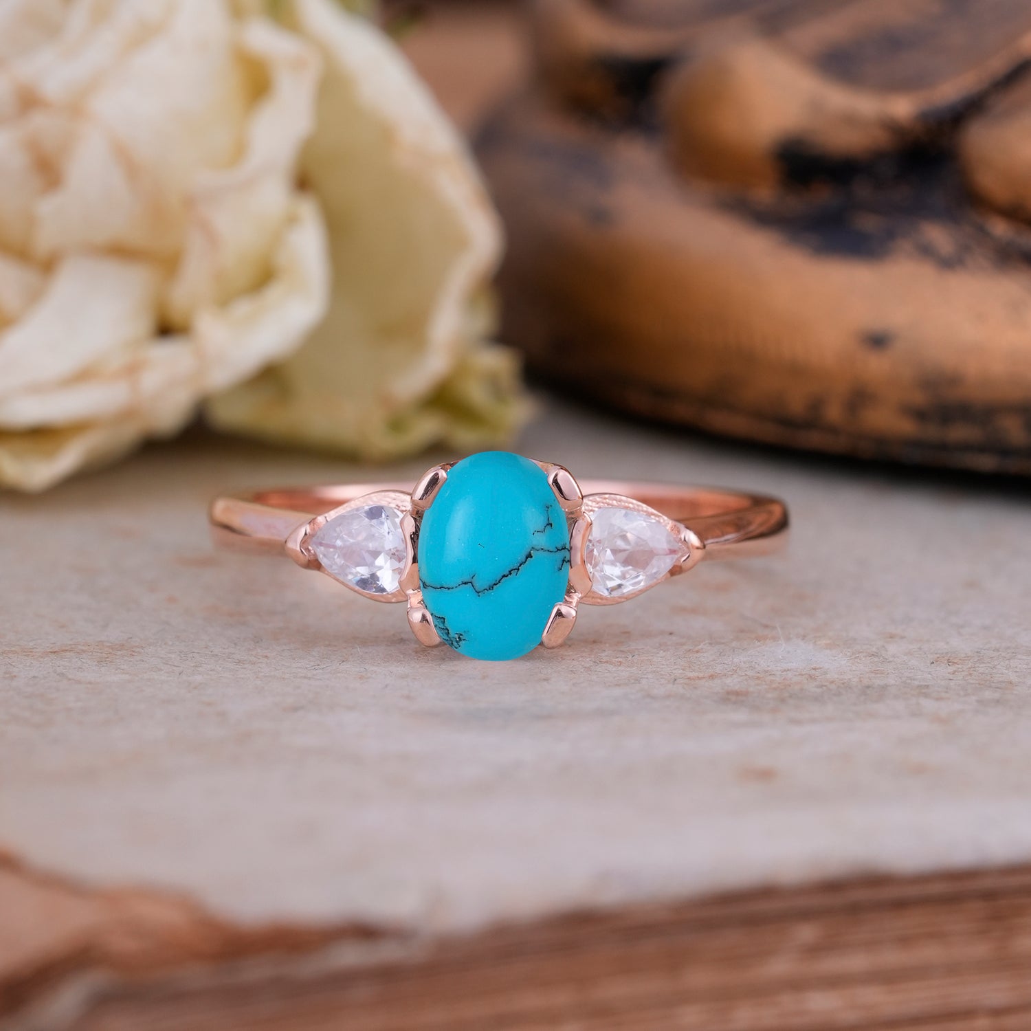 1 Carat Classic Oval Lab Grown Turquoise Three Stone Engagement Ring