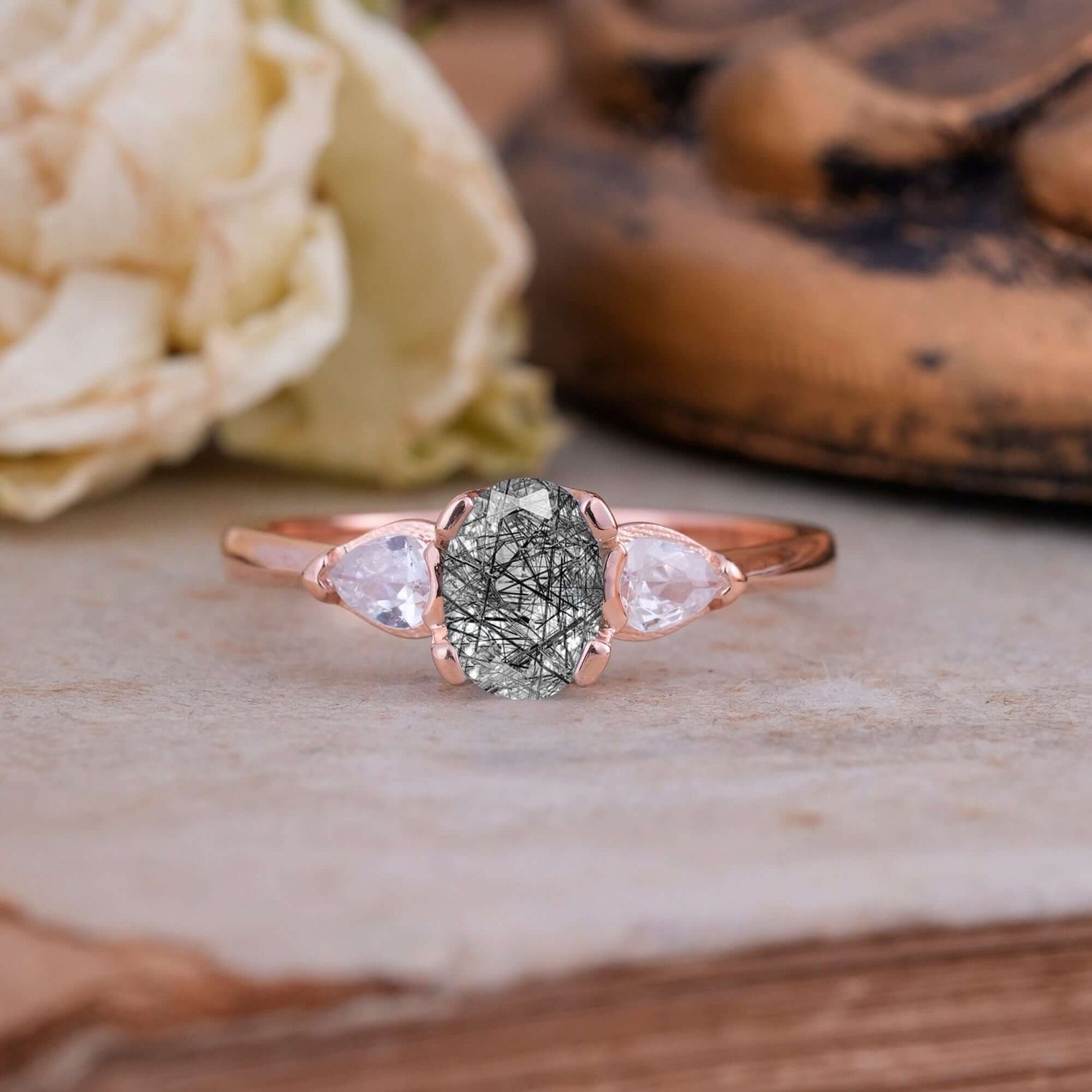 1 Carat Classic Oval Black Rutilated Quartz Three Stone Engagement Ring