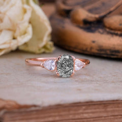 1 Carat Oval Black Rutilated Quartz Engagement Ring Three Stone Wedding Ring