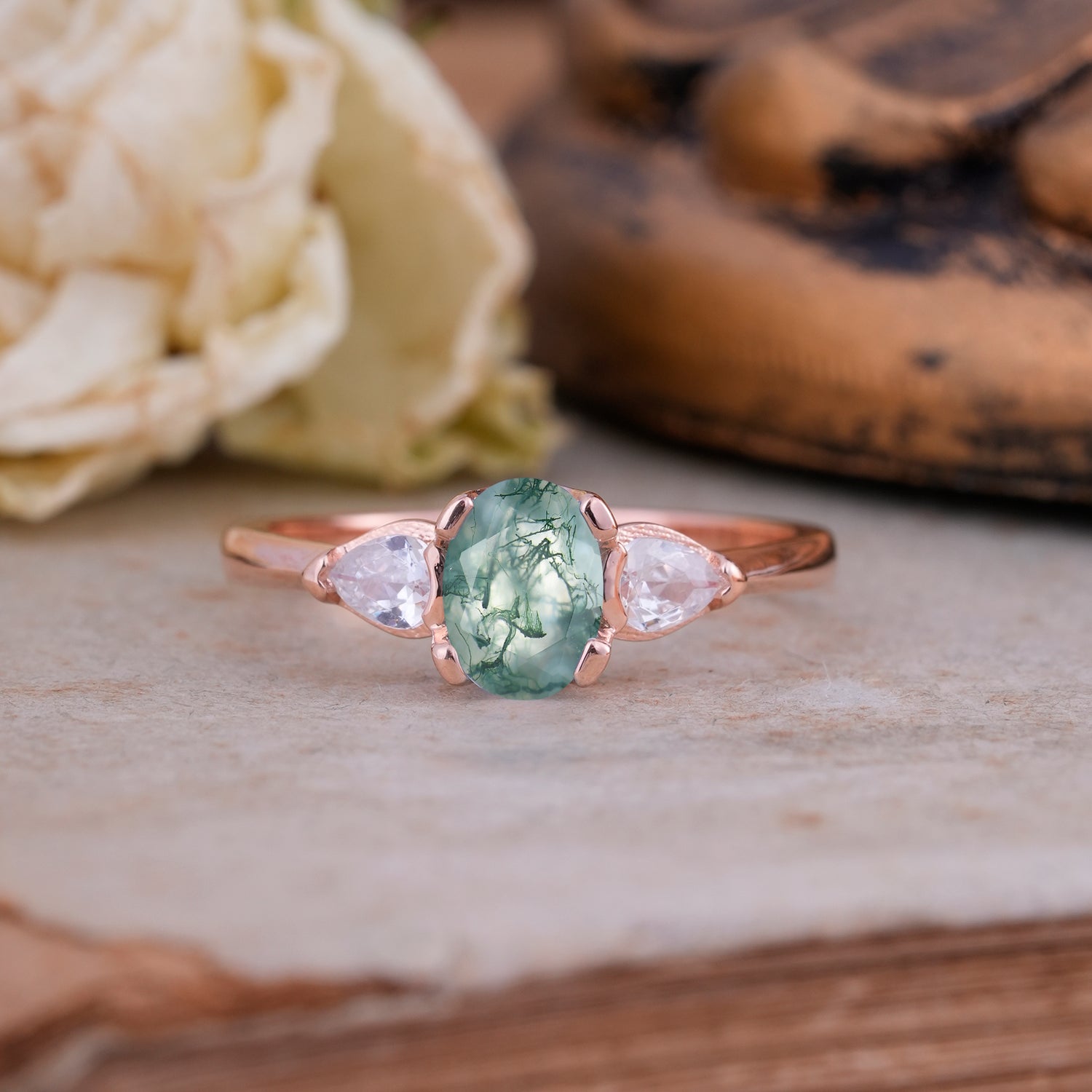1 Carat Classic Oval Moss Agate Three Stone Engagement Ring