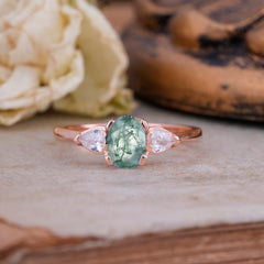 1 Carat Oval Moss Agate Engagement Ring Three Stone Wedding Ring