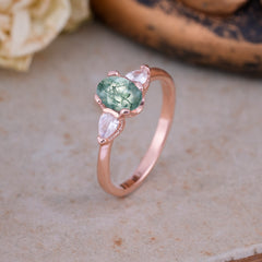 1 Carat Oval Moss Agate Engagement Ring Three Stone Wedding Ring