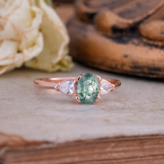 1 Carat Oval Moss Agate Engagement Ring Three Stone Wedding Ring