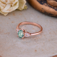 1 Carat Oval Moss Agate Engagement Ring Three Stone Wedding Ring