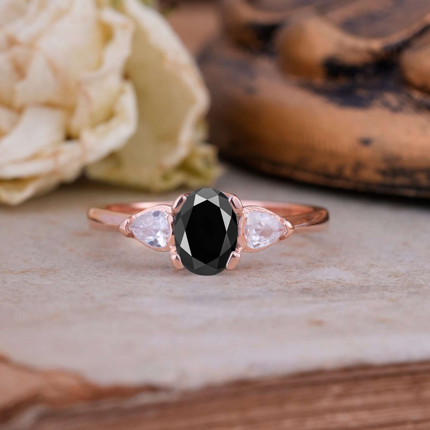 1 Carat Classic Oval Black Onyx Three Stone Engagement Ring
