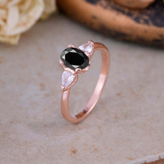 1 Carat Oval Black Onyx Engagement Ring Three Stone Wedding Ring